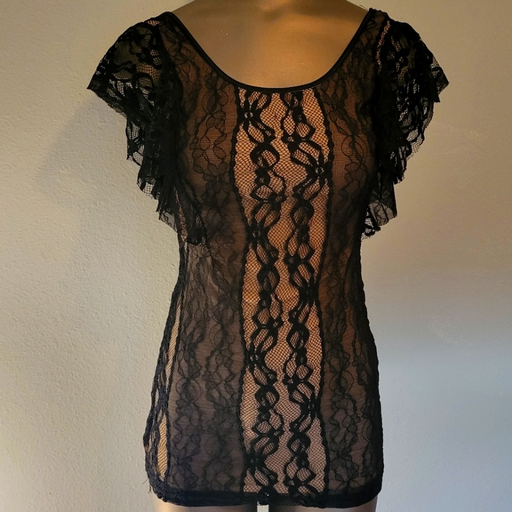 Vintage y2k Max Rave Black Lace Short Sleeve Blouse XS